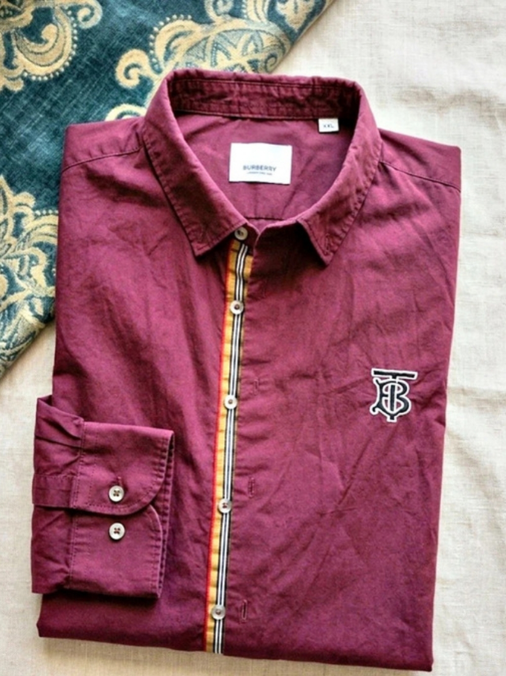 Burberry TB Monogram Icon Stripe Placket Poplin Shirt Burgundy XXL